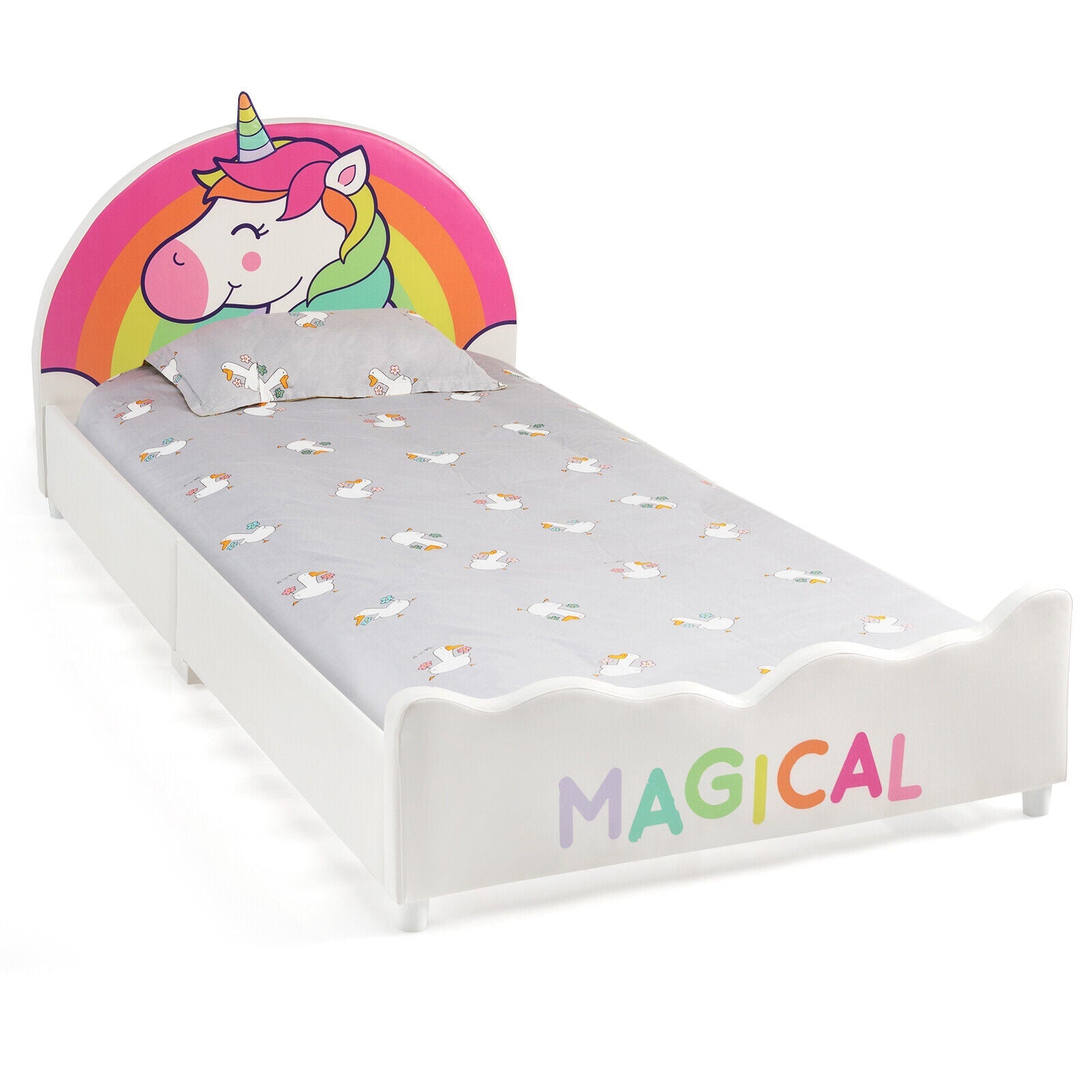 NNECW Twin Size Kids Wooden Upholstered Platform Bed with Astronaut/Unicorn/Cloud/Planet Pattern-Unicorn