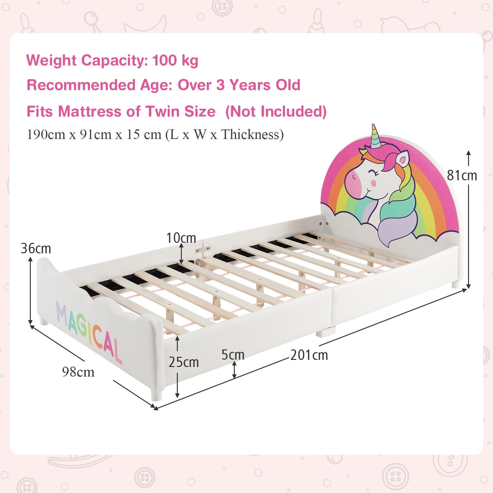 NNECW Twin Size Kids Wooden Upholstered Platform Bed with Astronaut/Unicorn/Cloud/Planet Pattern-Unicorn